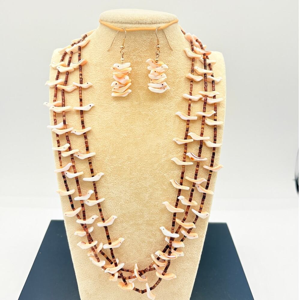 Zuni‑Style Oyster Shell Bird Necklace & Earrings • 26" Southwestern Heishi Set